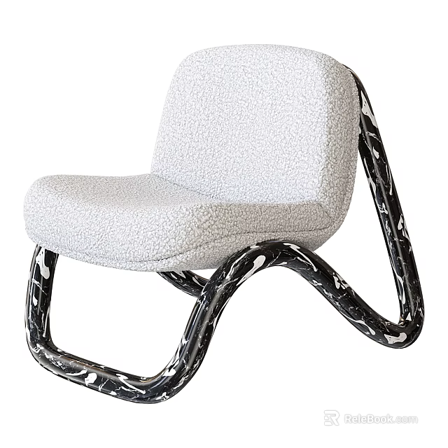 Modern Plush White Armchair With Black Curved Frame And Marble Swirl Pattern Design 3d model 