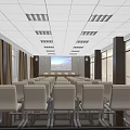 Spacious Conference Room Interior With Arranged White Chairs Large Screen Curtained Windows And Ceiling Lights 3d model
