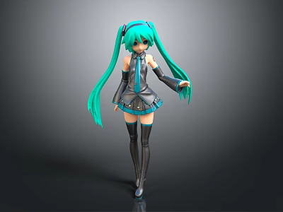 Stylish Anime Character With Turquoise Twin Tails Black Blue Outfit Short Skirt Knee High Boots 3d model