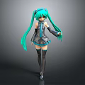 Stylish Anime Character With Turquoise Twin Tails Black Blue Outfit Short Skirt Knee High Boots