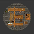 Wooden Market Stall With Shelves Ceramic Bowls Green Plants And Stone Brick Floor