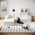 White L Shaped Sofa And Round Coffee Table Set On Black White Checkered Rug With Large Windows 3d model