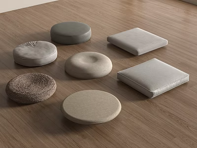 Round And Square Cushions With Textured Materials On Wooden Floor 3d model