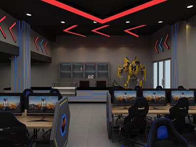 Modern Cyber Cafe With Red Blue Lighting Gaming Computers And Robot Decorations 3d model