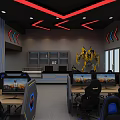Modern Cyber Cafe With Red Blue Lighting Gaming Computers And Robot Decorations