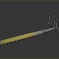 Garden Rake With Yellow Wooden Handle And Metal Tines Showing Reflection On Black Background
