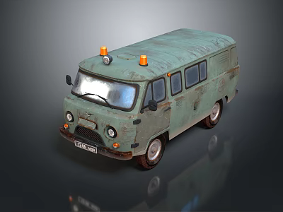 Old Green Vintage Van With Orange Warning Lights On Roof And Rusty Exterior 3d model