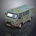 Old Green Vintage Van With Orange Warning Lights On Roof And Rusty Exterior