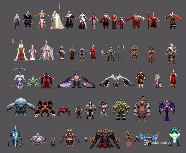 Game and Movie Characters Featuring Diverse Costumes Weapons and Fantasy Designs 3d model 