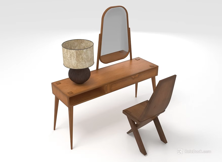 Wooden Dressing Table with Mirror Table Lamp and Matching Chair 3d model 