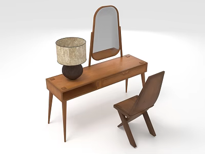 Wooden Dressing Table with Mirror Table Lamp and Matching Chair 3d model