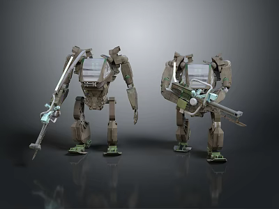 Two Sci Fi Robots With Mechanical Arms And Weaponry On Gray Background 3d model