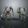 Two Sci Fi Robots With Mechanical Arms And Weaponry On Gray Background