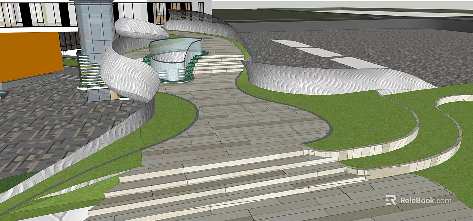 Landscape Bridge With Curved Structure Steps Green Grass And Paved Walkway 3d model 