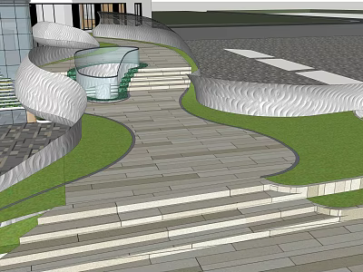 Landscape Bridge With Curved Structure Steps Green Grass And Paved Walkway 3d model