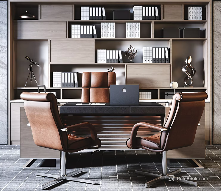 Stylish Modern Office Desk With Two Brown Leather Chairs And Files On Bookshelves 3d model 