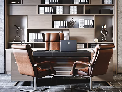 Stylish Modern Office Desk With Two Brown Leather Chairs And Files On Bookshelves 3d model