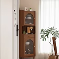 Wooden Sideboard With Glass Doors Open Shelf Coffee Machine And Green Plant In Dining Room