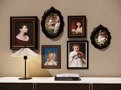 Wall Decor With Various Framed Portraits Table Lamp And Books On Cabinet 3d model