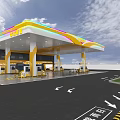 V OIL Modern Gas Station With Yellow Roof Colorful Striped Canopy And Fuel Pumps
