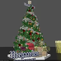 Decorated Christmas Tree With Sparkling Lights Red Orange Ornaments White Ribbons And Merry Christmas Base