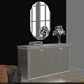 Elegant Entryway Console Table With Octagonal Mirror Flower Vase And Books On Dark Wall 3d model