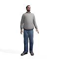 A man wearing a gray sweater blue jeans and brown shoes standing against white background