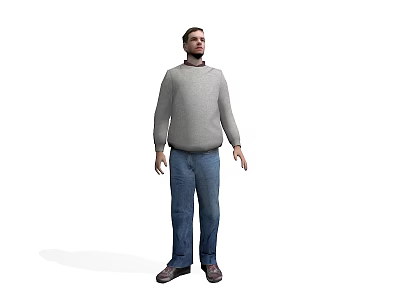 A man wearing a gray sweater blue jeans and brown shoes standing against white background 3d model