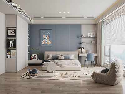 Cozy Kids Room Interior Design With Bed Rug Toys Shelves Desk Chair And Wall Art 3d model