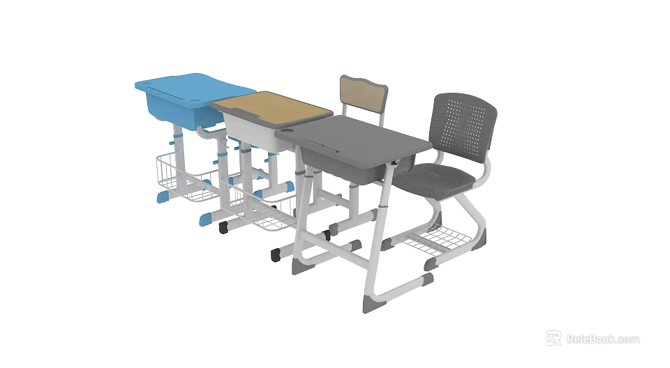Student Desks And Chairs With Casters Storage Baskets In Blue Gray Beige Colors 3d model 