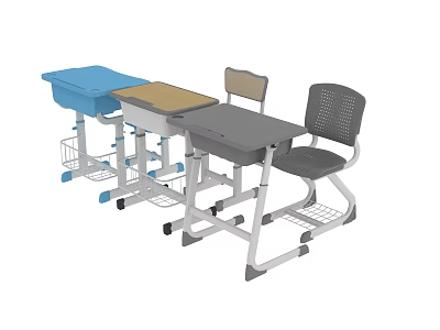 Student Desks And Chairs With Casters Storage Baskets In Blue Gray Beige Colors 3d model