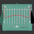 Green Kitchen Appliance Featuring Red Roller And Metal Grid For Dough Pressing