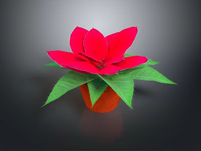 Red Poinsettia Potted Plant With Bright Green Leaves And Orange Decorative Pot 3d model