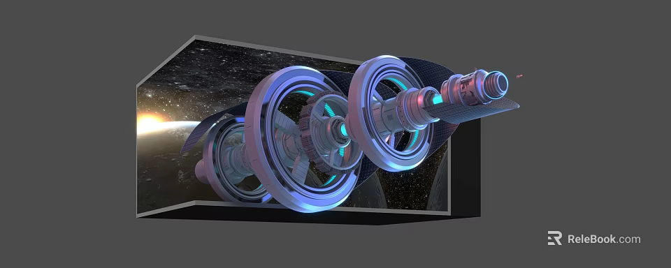 Futuristic Television With Glowing Blue Gears And Cosmic Starry Background Design 3d model 