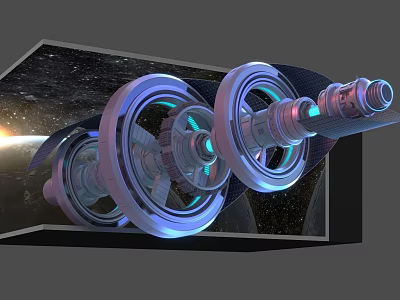 Futuristic Television With Glowing Blue Gears And Cosmic Starry Background Design 3d model