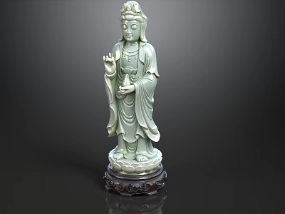 Detailed Green Jade Guanyin Sculpture Hand Carved With Wooden Base Stand 3d model