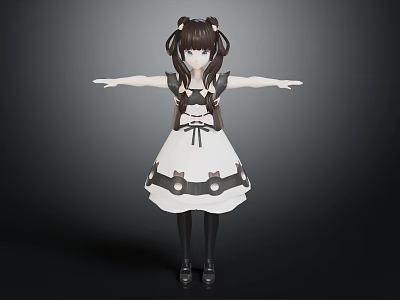Anime Style 3D Character In Maid Outfit With Cat Paw Design And Dual Ponytails 3d model