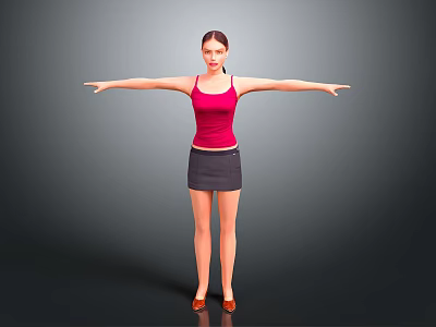 Woman in Red Tank Top and Black Skirt with Arms Outstretched Against Gray Background 3d model