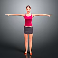 Woman in Red Tank Top and Black Skirt with Arms Outstretched Against Gray Background