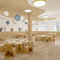 Kindergarten Dining Area With Wooden Ceiling Round Lights And Wall Decors