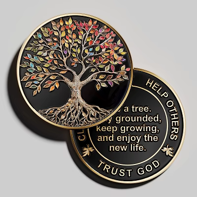 Intricate Circular Sculpture With Colorful Tree Leaves And Engraved Inspirational Text 3d model