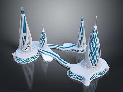 Modern Sculptural Tower Design With White Blue Lattice Structures And Connecting Bridges 3d model