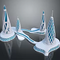 Modern Sculptural Tower Design With White Blue Lattice Structures And Connecting Bridges