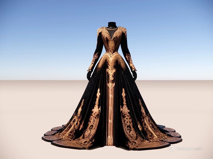 Elegant Black and Gold Dress With Intricate Embroidery Long Sleeves and Flared Train 3d model 