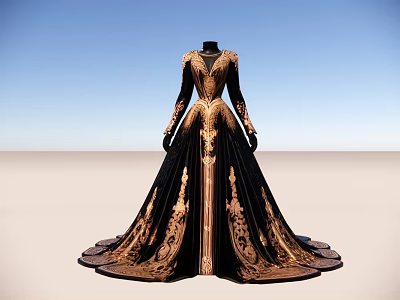Elegant Black and Gold Dress With Intricate Embroidery Long Sleeves and Flared Train 3d model
