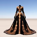 Elegant Black and Gold Dress With Intricate Embroidery Long Sleeves and Flared Train