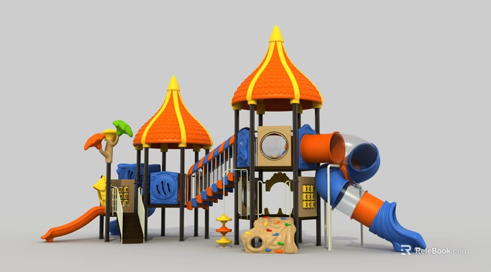 Colorful Kids Playground Structure With Orange Yellow Roofs Blue Slides And Staircase 3d model 