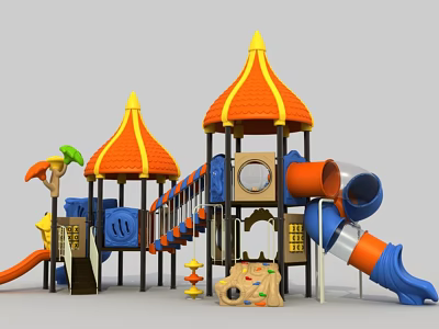Colorful Kids Playground Structure With Orange Yellow Roofs Blue Slides And Staircase 3d model