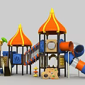 Colorful Kids Playground Structure With Orange Yellow Roofs Blue Slides And Staircase