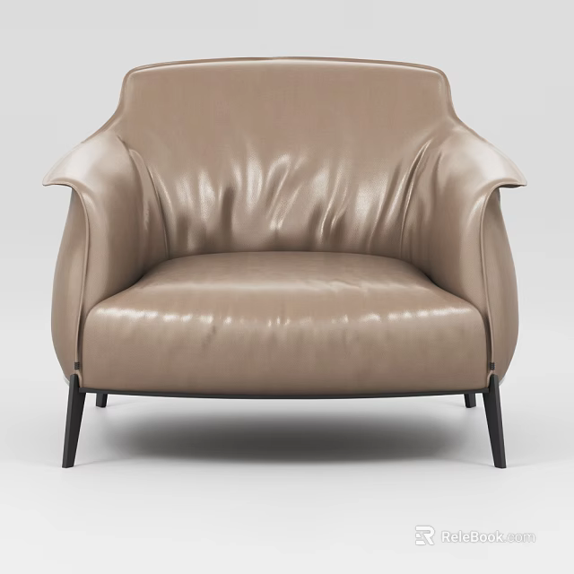 Light Brown Leather Single Sofa With Curved Armrests And Black Thin Legs 3d model